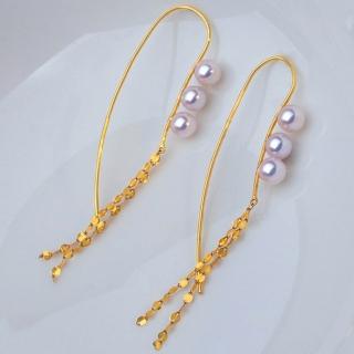 【La Corser】3-4mm 天然日本 Akoya 海水珍珠 耳環 小海珠 極強光 正圓珍珠 耳飾 18K黃金 流蘇耳勾