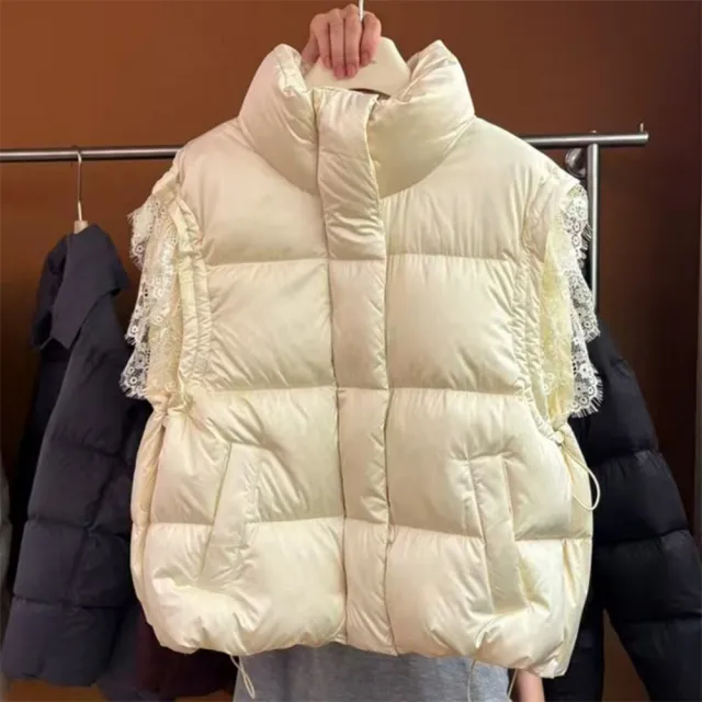 【巴黎精品】頂級真羽絨背心90%鴨絨羽絨衣秋冬外套上衣大碼休閒女裝(立領氣質蕾絲袖4色n1lr87)