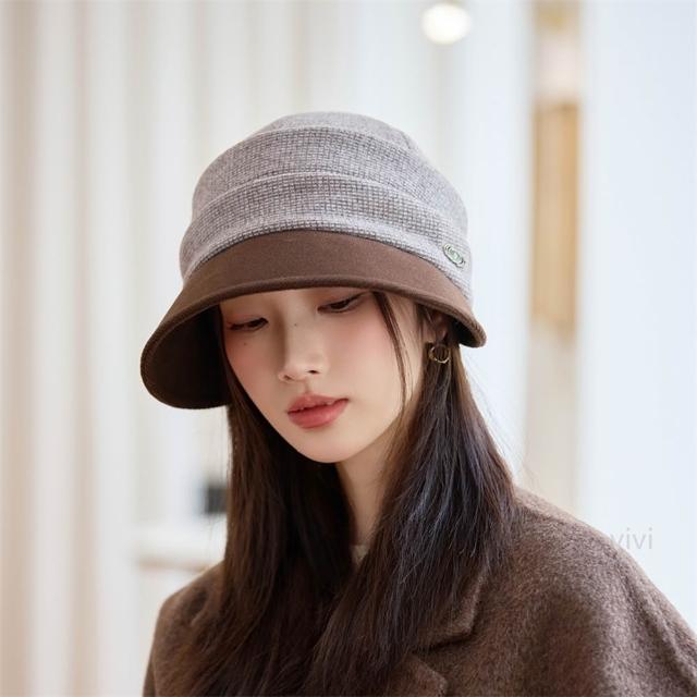 【HaNA 梨花】買一送一贈圍脖 秋冬氣質系小細格雙拼毛帽報童帽(報童帽 秋冬百搭)
