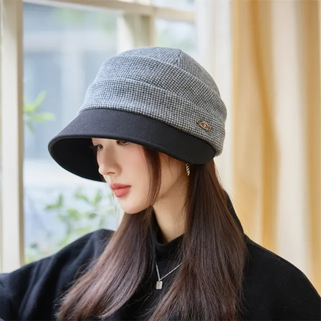 【HaNA 梨花】買一送一贈圍脖 秋冬氣質系小細格雙拼毛帽報童帽(報童帽 秋冬百搭)