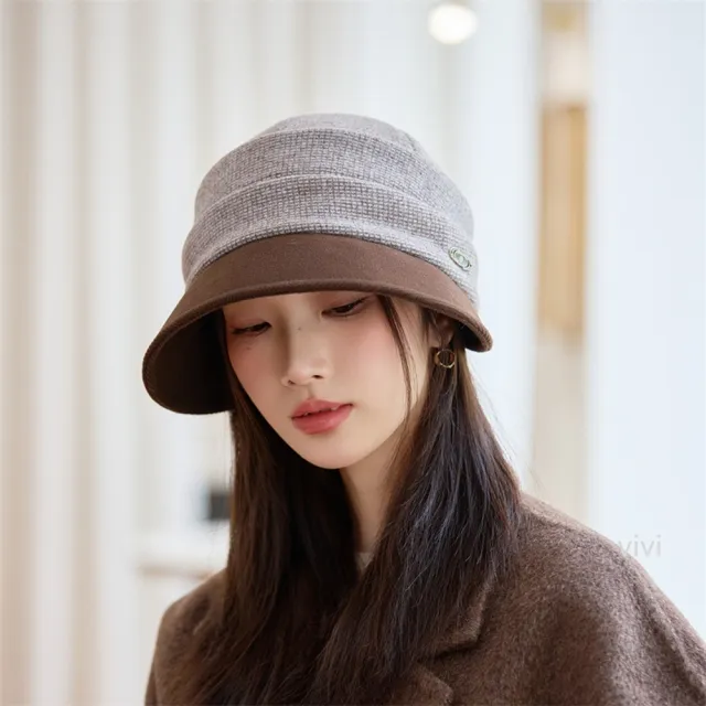 【HaNA 梨花】買一送一贈圍脖 秋冬氣質系小細格雙拼毛帽報童帽(報童帽 秋冬百搭)