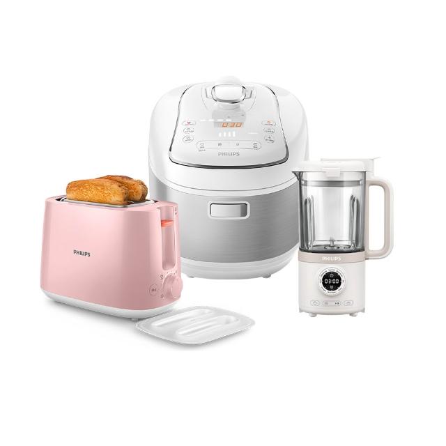 【Philips 飛利浦】智慧萬用鍋+豆漿調理機+烤麵包機(HD2140+HR2038+HD2584)