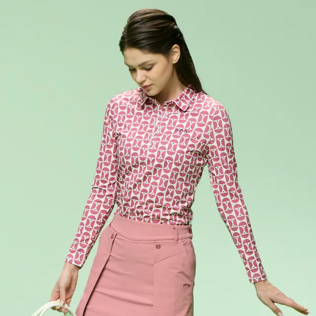 【PING】女款普普風銀離子薄長袖POLO衫-玫瑰紅(吸濕排汗/抗菌防臭/GOLF/高爾夫球衫/RA25202-17)