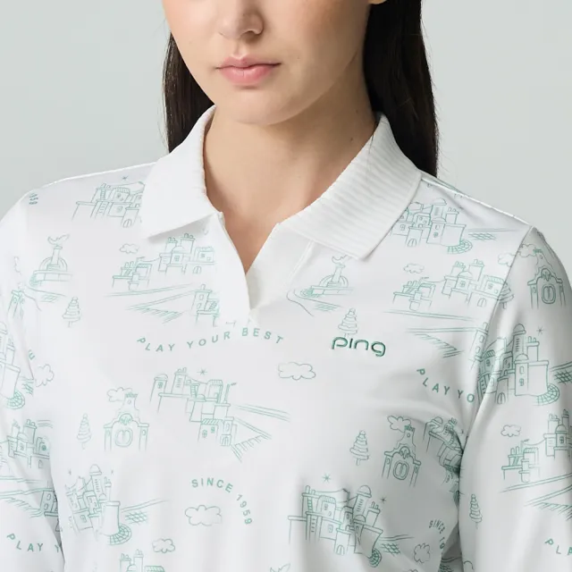 【PING】女款手繪城鎮翻領高爾夫長袖POLO衫-綠(吸濕排汗/蓄熱保暖/GOLF/高爾夫球衫/RA25203-48)