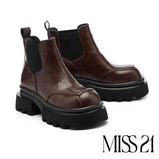 【MISS 21】復古率性異材質切爾西大頭厚底短靴(咖)