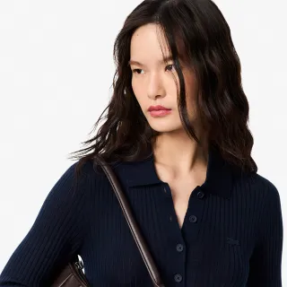 【LACOSTE】女裝-羊毛平紋針織Polo領毛衣(海軍藍)