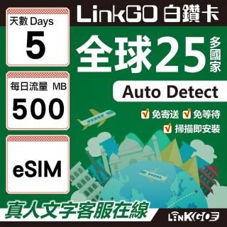 【LINKGO】白鑽卡 全球25國 eSIM卡 5天上網絡卡 每日500MB(全球網絡卡 亞洲 歐洲 美洲 大洋洲 非洲)