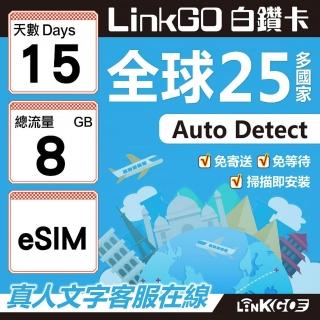 【LINKGO】白鑽卡 全球25國 eSIM卡 15天上網絡卡 總流量8GB(全球網絡卡 亞洲 歐洲 美洲 大洋洲 非洲)