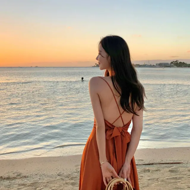 【SeasonsBikini】緞面露背長洋裝 白 -783(綁帶長洋裝輕婚紗)
