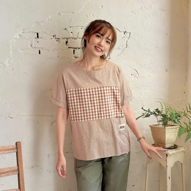 【Hana Mokuba】花木馬日系女裝圓領格紋小口袋上衣(T恤)