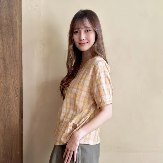 【Hana Mokuba】花木馬日系女裝格紋圓領側收口上衣(造型上衣)