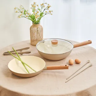 【NEOFLAM】陶瓷輕量IH雙鍋組28炒鍋含蓋+26平底鍋+16CM煎蛋鍋(IH爐可用鍋/非鐵氟龍不沾塗層/買一送一)