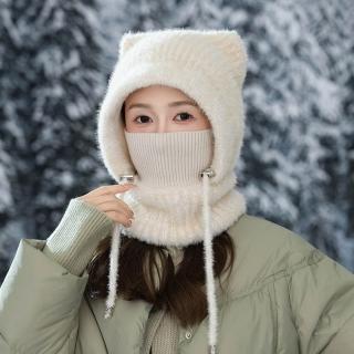 【HaNA 梨花】一送一贈圍脖 貓耳護臉脖口罩毛絨連帽 二合一保暖神器｜軟糯親膚防風顯臉小(毛帽 秋冬百搭)