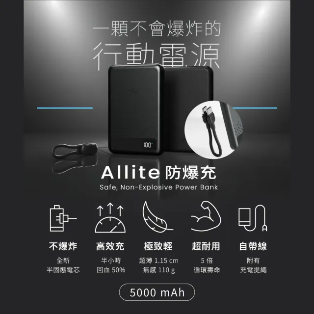 【ALLite】防爆充半固態電芯磁吸鐵行動電源5000mAh1入/霧面黑盒(原廠保固鋁合金防摔碎刮外殼附充電線掛繩)