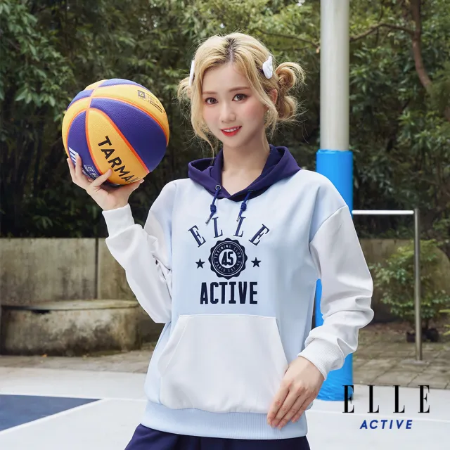 【ELLE ACTIVE】女款 拼色學院風長袖連帽T恤-淺藍色(EA25A2F1403-31)