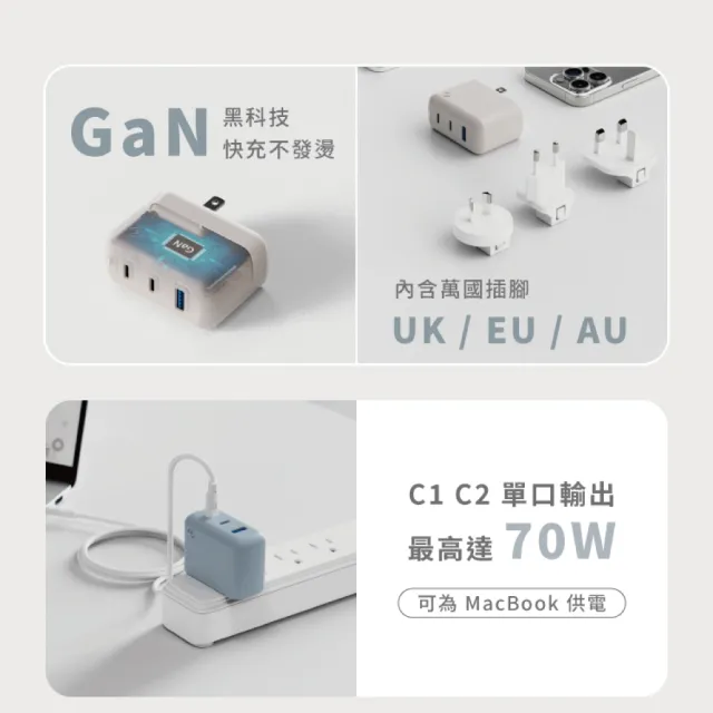 【ALLite】ALLite A1 PRO 70W 1A+2CG氮化鎵三孔快充電器1入/盒(原廠保固附萬國轉接頭BSMI認證電源旅充頭PD