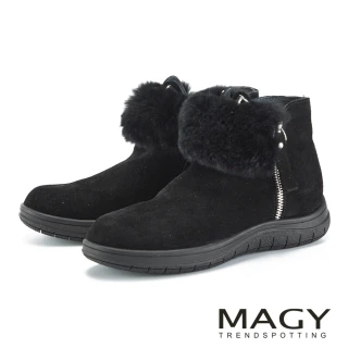 【MAGY】保暖兔毛滾邊牛麂皮拉鍊平底短靴(黑色)