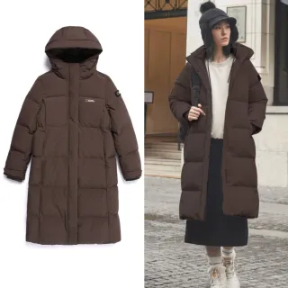 【國家地理服飾官方旗艦】女裝 CAYMAN 長版連帽羽絨外套 - 咖啡色(鵝絨款)