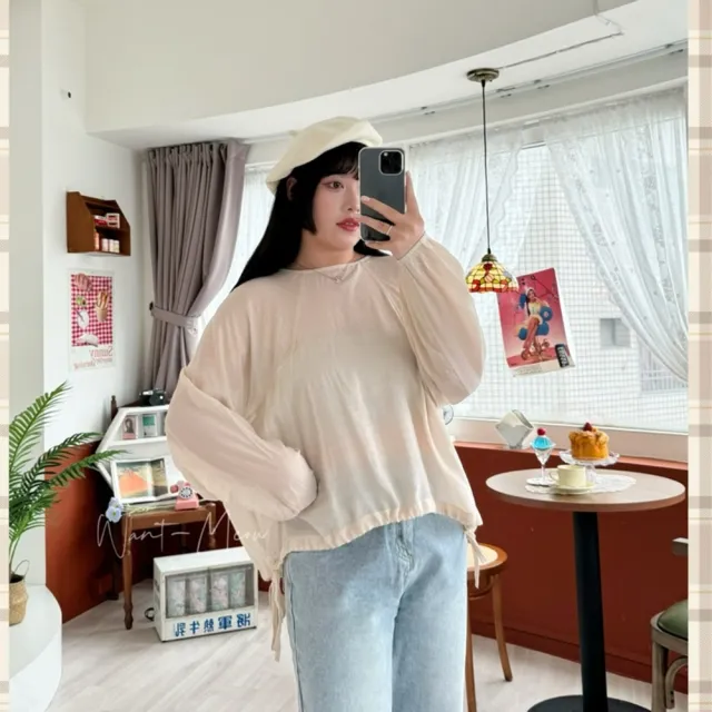 【Want-Meow】100公斤可穿/簡約感棉麻涼爽長袖棉麻寬鬆上衣(大碼/大尺碼/加大碼/長袖上衣)
