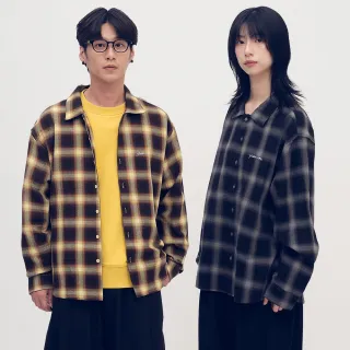 【plain-me】男女款 開領刺繡格紋長袖襯衫 PLN3376(襯衫 長袖 外搭 休閒上衣)