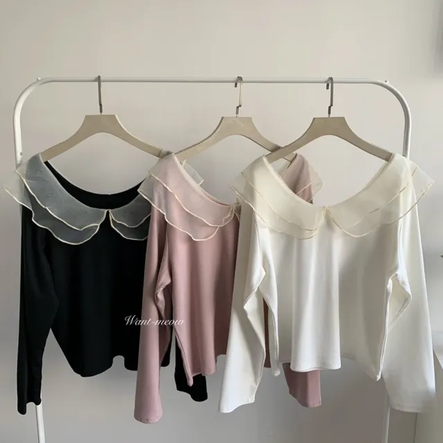 【Want-Meow】90公斤可穿/韓系精緻拼接網紗長袖上衣(大碼/大尺碼/加大碼/長袖上衣)