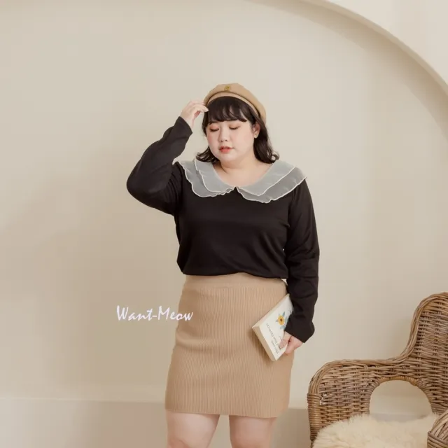 【Want-Meow】90公斤可穿/韓系精緻拼接網紗長袖上衣(大碼/大尺碼/加大碼/長袖上衣)