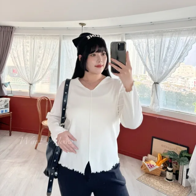 【Want-Meow】80公斤可穿/簡約超顯瘦必帶長袖翻領木耳捲邊上衣(大碼/大尺碼/加大碼/長袖上衣)