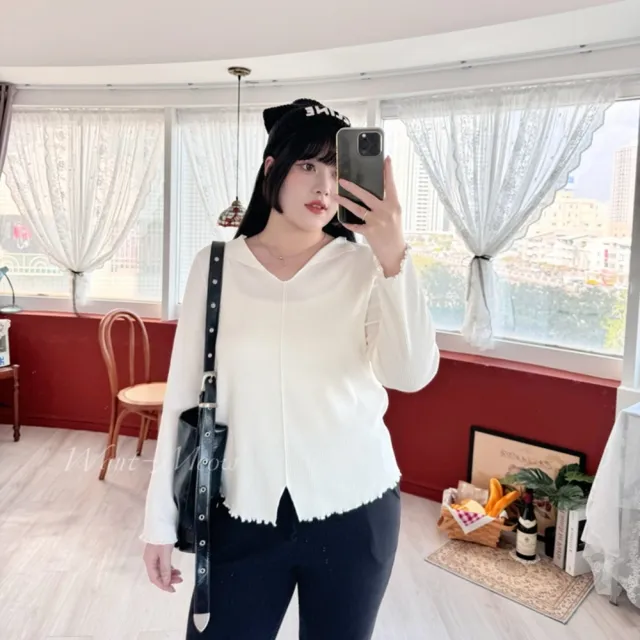 【Want-Meow】80公斤可穿/簡約超顯瘦必帶長袖翻領木耳捲邊上衣(大碼/大尺碼/加大碼/長袖上衣)