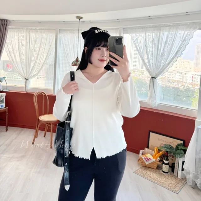 【Want-Meow】80公斤可穿/簡約超顯瘦必帶長袖翻領木耳捲邊上衣(大碼/大尺碼/加大碼/長袖上衣)