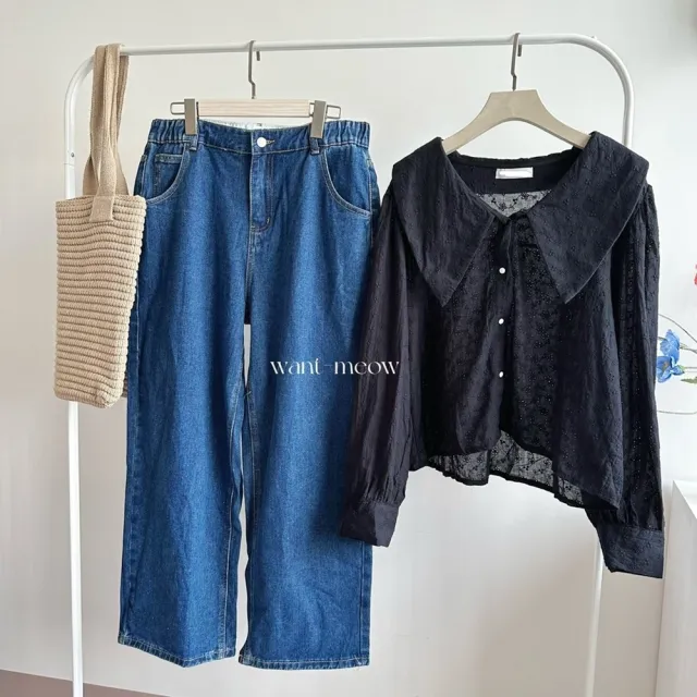 【Want-Meow】80公斤可穿/精緻長袖蕾絲鏤空寶寶領襯衫上衣(大碼/大尺碼/加大碼/長袖襯衫上衣)
