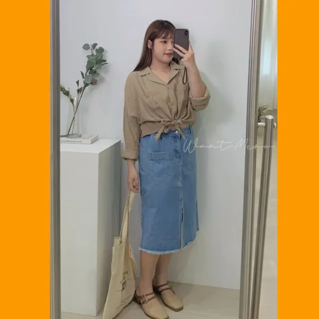 【Want-Meow】80公斤可穿/短版多種穿法下綁帶襯衫(大碼/大尺碼/加大碼/長袖襯衫上衣)