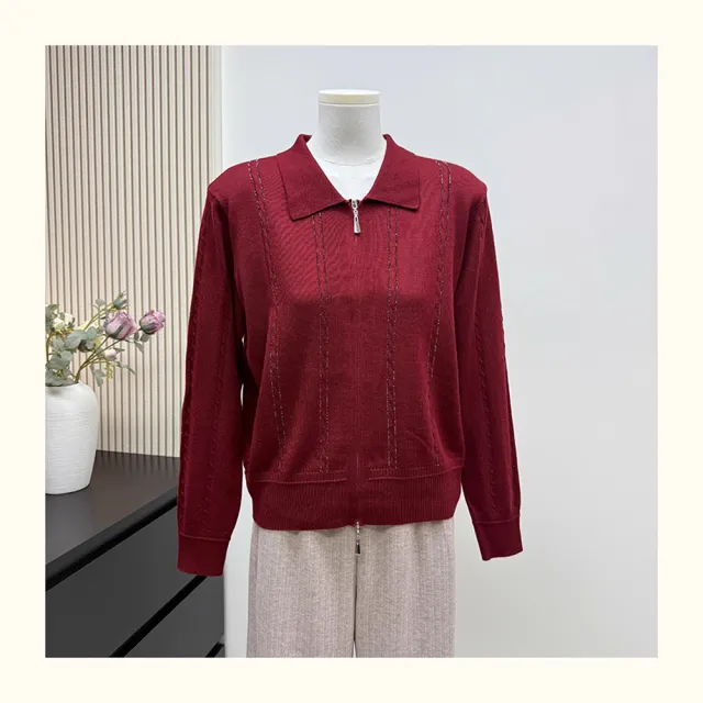 【VERTEX】時尚線條燙鑽翻領雙拉鍊針織上衣-B