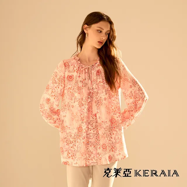【KERAIA 克萊亞】杏桃花辭綁帶雪紡上衣