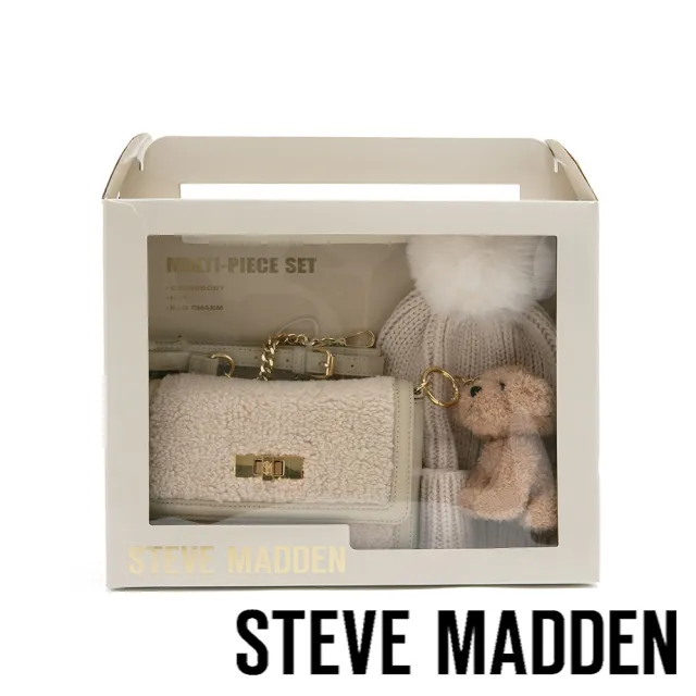 【steve madden】毛毛信封包/針織毛帽三件禮盒組(米色)