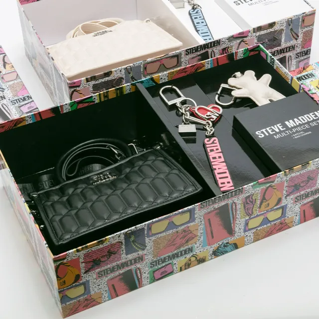 【steve madden】雙吊飾/格紋方形兩用包禮盒(黑色)