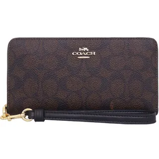 【COACH】黑X深咖啡PVC滿版LOGO+奶茶皮革手提帶拉鍊式長夾