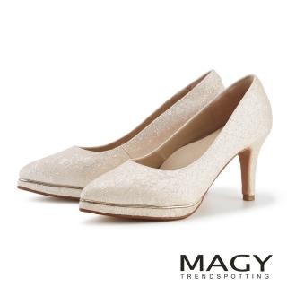 【MAGY】細緻閃耀蕾絲金蔥尖頭高跟鞋(金色)