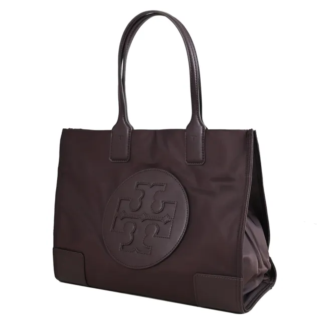 【TORY BURCH】圓標雙T LOGO素面尼龍皮邊飾購物包托特包(深咖)