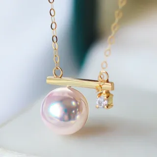 【La Corser】7.5-8mm 日本 Akoya 天然海水珍珠 項鍊 平衡木吊墜 鑲嵌鑽石 18K金 正圓珍珠