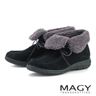 【MAGY】泰迪絨毛百搭真皮短靴(黑色)