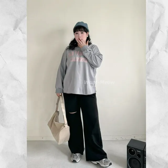 【Want-Meow】90公斤可穿/韓系鬆緊休閒割破棉寬褲(大碼/大尺碼/加大碼/鬆緊寬褲)