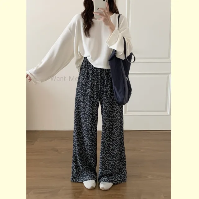 【Want-Meow】90公斤可穿/韓系不挑身形的高腰顯瘦豹紋寬褲(大碼/大尺碼/加大碼/鬆緊寬褲)