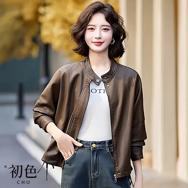 【初色】復古純色口袋圓領長袖拉鍊釦子皮衣外套女外套-共2色-16613(M-XL可選)（其他規格）