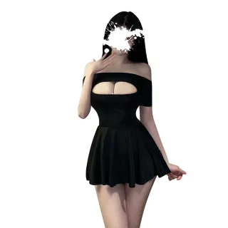 【Enjoy Love】情趣睡衣 冰絲平口肩挖空美胸露溝收腰連身裙兩件組(情趣睡衣 性感睡衣 情趣角色扮演)