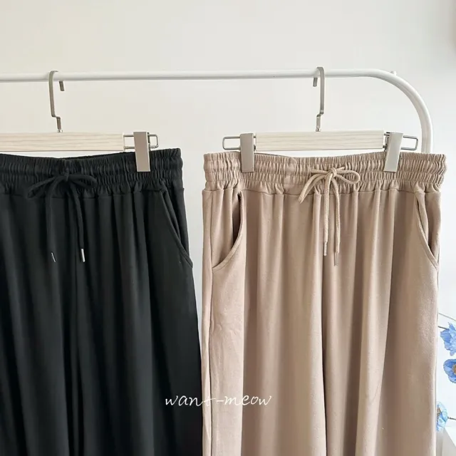 【Want-Meow】90公斤可穿/百搭神器超級顯瘦抽繩口袋棉寬褲(大碼/大尺碼/加大碼/棉寬褲)