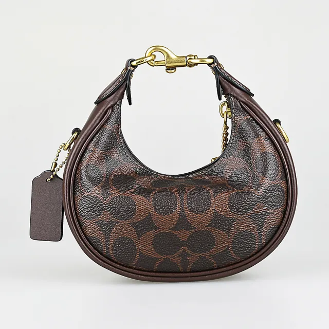 【COACH】COACH Jonie經典印花LOGO帆布拼接小牛皮拉鍊鉤扣式手提/斜背半月包(楓木棕)