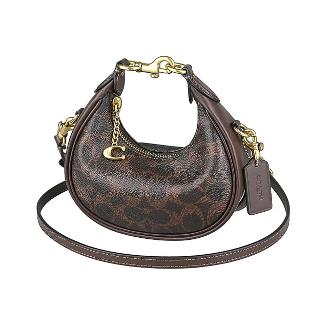 【COACH】COACH Jonie經典印花LOGO帆布拼接小牛皮拉鍊鉤扣式手提/斜背半月包(楓木棕)