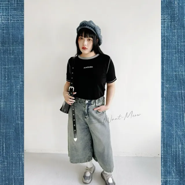 【Want-Meow】70公斤可穿/百搭神器百搭八分牛仔寬褲(大碼/大尺碼/加大碼/牛仔寬褲)