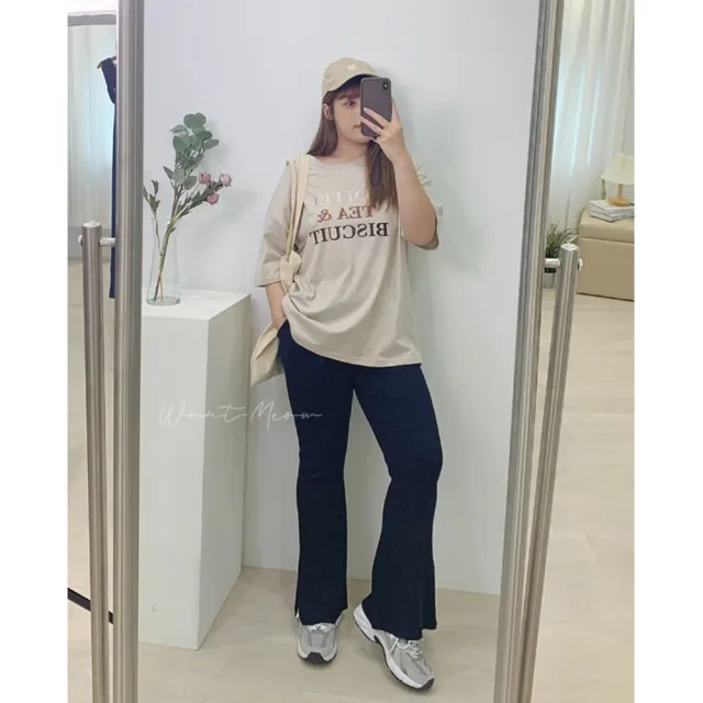 【Want-Meow】90公斤可穿/超級顯瘦款螺紋側開岔鬆緊喇叭褲(大碼/大尺碼/加大碼/喇叭褲/寬褲)