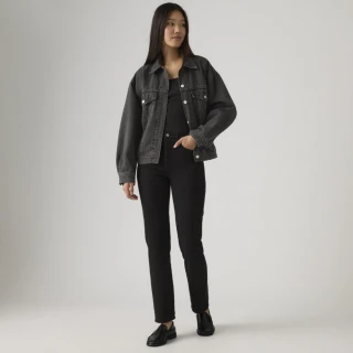 【LEVIS 官方旗艦】女 Wedgie高腰修身直筒排釦牛仔長褲/黑色基本款/彈性布料 及踝款 熱賣單品 34964-0023
